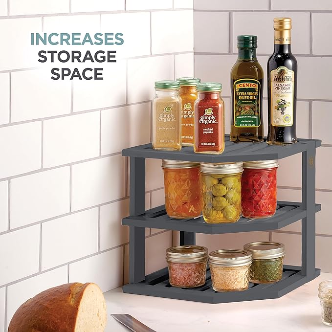 Bambüsi Plate Organizer for Cabinet - Corner Cabinet Organizer and Kitchen Cabinet Organizer Shelf, Kitchen Countertop Organizer for Plates, Dishes and Bowls, Space Saving Corner Rack, Grey