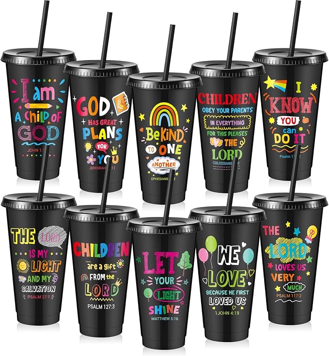 Uiifan 10 Pcs VBS Christian Cups Bulk for Kids, Religious Plastic Tumblers with Bible Verses, Sunday School and Church Gifts, Reusable Cups with Lids and Straws (Black)