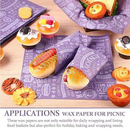 Outus 600 Pcs 12 x 12 Inch Deli Wax Paper Sheets Grease Resistant Tray Basket Liners Newsprint Paper Water and Grease Proof Sandwich Wrapping Square Hot Dog Wrappers for Food Baking (Dark Purple)