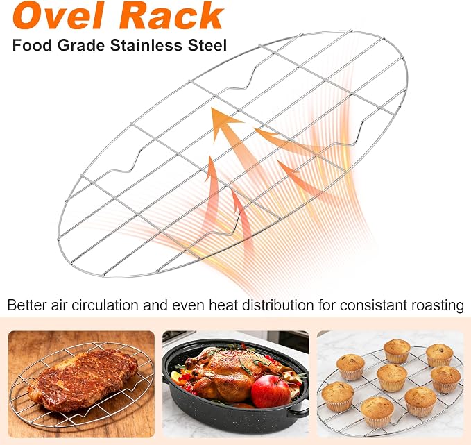 15” Roaster Pan with Lid and Rack, Small Enamel Roaster Pan with Oval Roasting Rack, Granite Baking Pot for Chicken Turkey Lamb, Heat Resistant, Oven/Dishwasher/All Stovestops Compatible