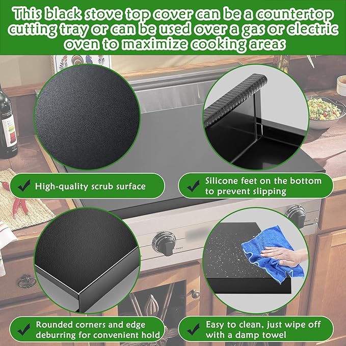 Gas Stove Cover Board, Resistance to Heat Range Covers for Gas Stove, Large Black Stove Top Covers (L30’’ x W22'' xH2.75'') with Anti-slip Silicone Feet, Anti-collision Corner Guards