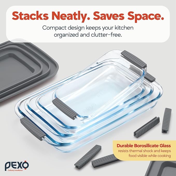 Pexo 8 Piece Glass Baking Dish Set with Plastic Lids, With Silicone Handles for Easy Grip (1.06QT, 1.69QT, 2.32QT, 3.17QT), Clear Glass Casserole Dishes for Oven, Airtight Lids, Glass Bakeware, Freezer, Oven, and Dishwasher safe (Gray)