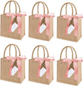 6 Pack Burlap Tote Bags with Handles Reusable Mini Jute Gift Bags with Pink Silk Ribbons Waterproof Lining for Wedding Bridesmaid Mother's Day Bachelorette Beach Party
