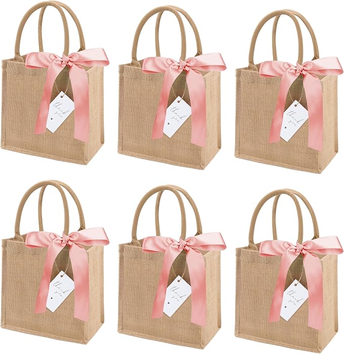 6 Pack Burlap Tote Bags with Handles Reusable Mini Jute Gift Bags with Pink Silk Ribbons Waterproof Lining for Wedding Bridesmaid Mother's Day Bachelorette Beach Party
