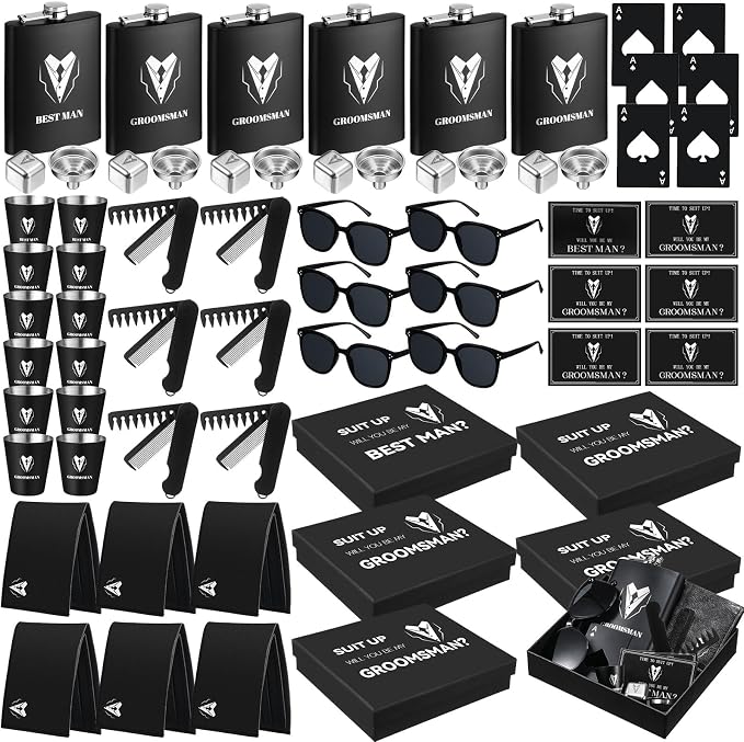 Mimorou 66 Pcs Groomsmen Proposal Gifts - Shot Glasses, Stainless Steel Ice, Flask, Funnel, Gift Boxes, Sunglasses, Knives, Bottle Opener, Cards, Wallets for Wedding Groomsmen Present Set (Fashion)