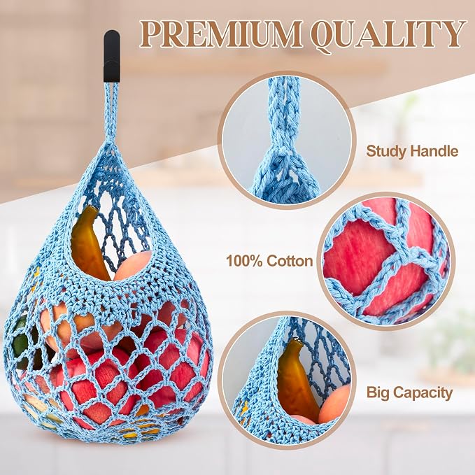 Honeydak Boho Decor Hanging Wall Baskets for Kitchen 3 Pack Teardrop Baskets with Hooks Storage Fruit Onion Vegetable Potato for Home 3 Sizes(Light Blue,Crochet,Cotton Rope)