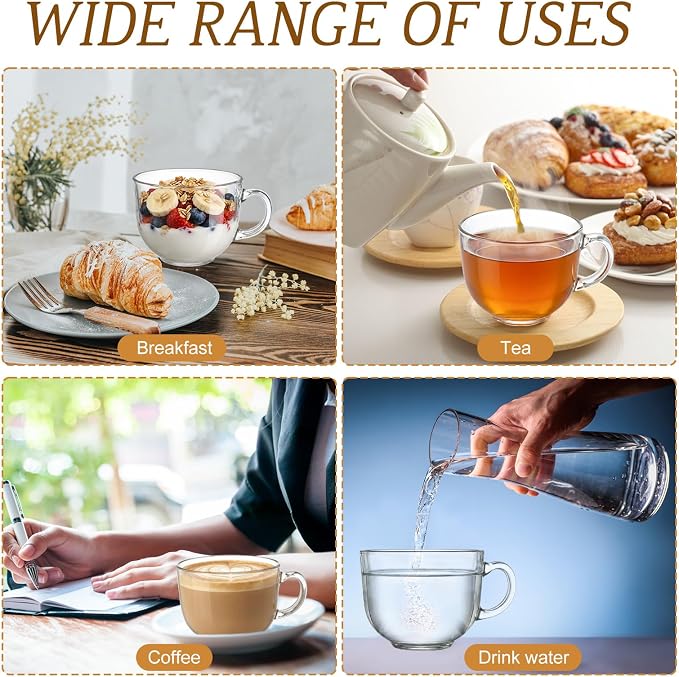 12 Pack Glass Coffee Mugs with Handles, 12 Ounces Glass Breakfast Mugs Bulk, Clear Tea Cups for Hot/cold Drinks, Glassware Set for Americano, Latte, Cappuccino(Simple)