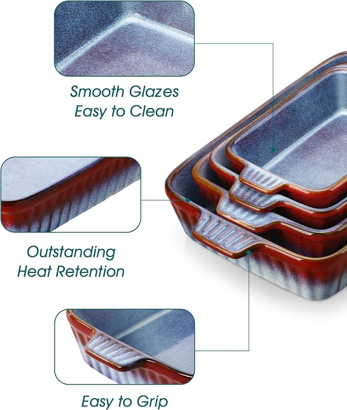 vancasso Ceramic Casserole Dishes for Oven, Reactive Glaze Bakeware Set of 4, Deep Rectangular Baking Dishes with Handles, Lasagna Pan Set, Microwave & Dishwasher Safe, Gradient Red & Blue (9.4"/11.1"/12.2"/14.7")