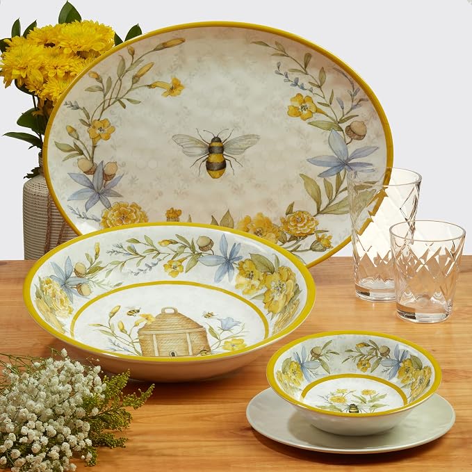 Certified International Bee Sweet 12-Piece Melamine Dinnerware Set, Service for 4, Bee & Floral Plates and Bowls, Durable Shatterproof Outdoor Tableware for Spring & Summer Entertaining