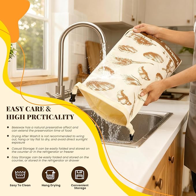 Beeswax Bread Bags for Homemade Sourdough - 2 Pack Reusable Organic Cotton Natural Beeswax Lined Large Bees Wax Storage Bag for Homemade Sourdough & Bakery Bread.