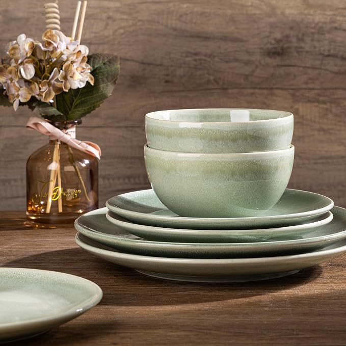 GBHOME 24 Pieces Double Bowls Dinnerware Sets for 6, Stoneware Plates and Bowls Set with Reactive Glaze, Scratch Resistant Stoneware Dishes Set, Dishwasher & Microwave Safe-Light Green