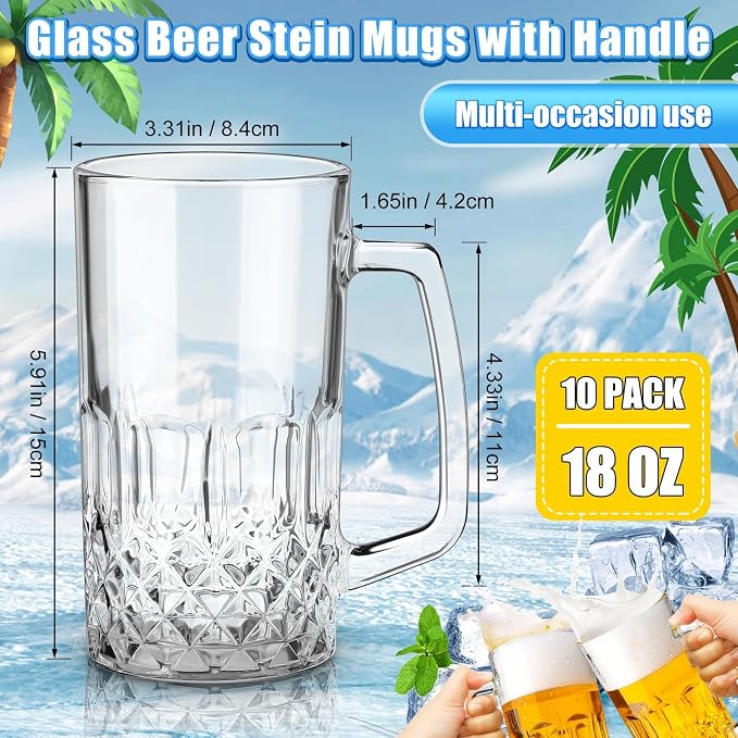 Reallnaive 10 Pcs Beer Mugs with Handles 18 Ounce Clear Glass Beer Mugs Steins German Large Heavy Cups for Tea, Coffee, Root Floats, Dishwasher and Refrigerator Safe, Durable