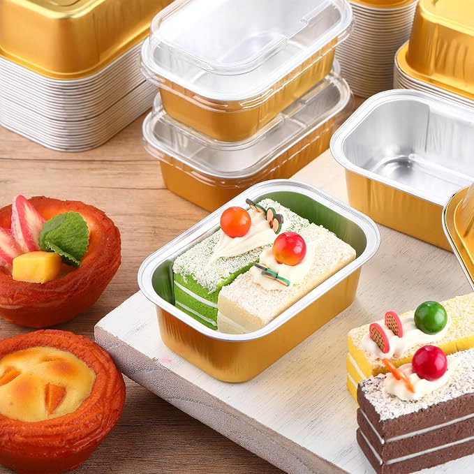 Vesici 100 Sets Mini Loaf Pans with Lids, 5.7 oz Disposable Aluminum Foil Baking Cups, Rectangle Cake Pans for Baking Storage Birthday Party(Gold)