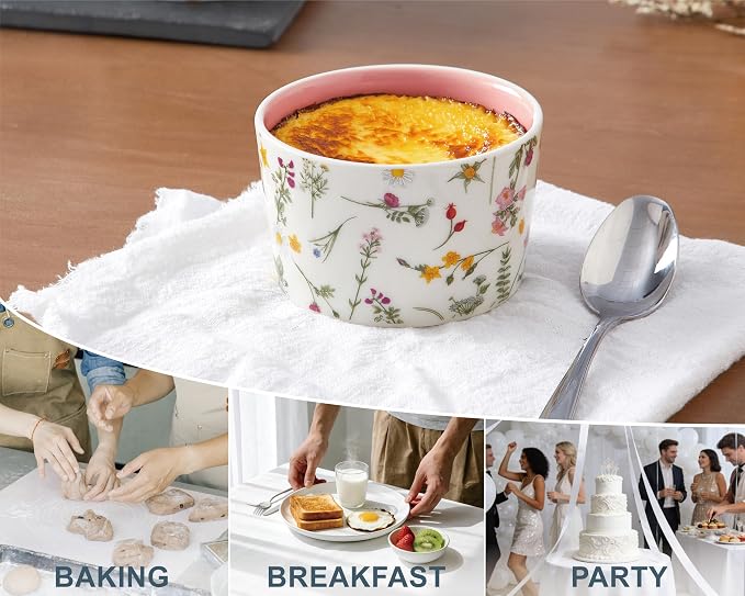 ONEMORE 6 oz Ramekins Oven Safe, Floral Ceramic Ramekin Set of 6 Pink Ramekins for Baking & Serving, Creme Brulee Dishes, Custard Pudding Souffle Cups, Small Dessert Bowls for Oven, Air Fryer