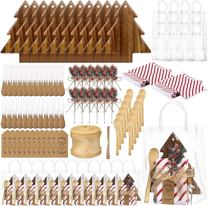Potchen 12 Set Christmas Kitchen Gifts Wood Cheese Board Fork Spoon Butter Spreaders Dish Cloth Thank You Card Ribbon and Gift Bags for Merry Christmas Cooking Serving Xmas Utensils Gifts (Tree)