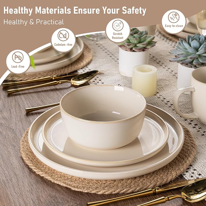 GBHOME Dinnerware Sets for 4, 12 Pieces Stoneware Plates and Bowls Sets, Scratch Resistant Dishes, Dishwasher & Microwave Safe, Reactive Glaze-Vanilla color