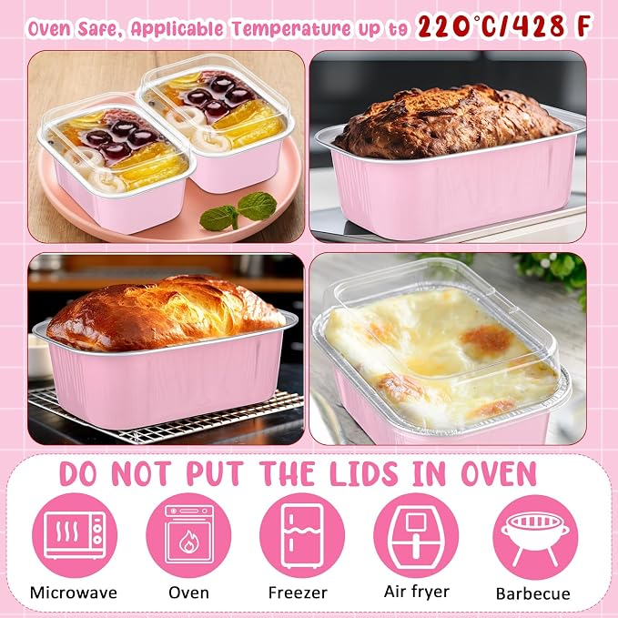 Vesici 100 Sets Mini Loaf Pans with Lids, 5.7 oz Disposable Aluminum Foil Baking Cups, Rectangle Cake Pans for Baking Storage Birthday Party(Pink)