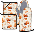 Cute Fox Oven Mitts and Pot Holders Sets 4Pcs Silicone Non-Slip Mitts Heat Resistant Gloves Hot Pads for Kitchen Cooking Baking Grilling BBQ