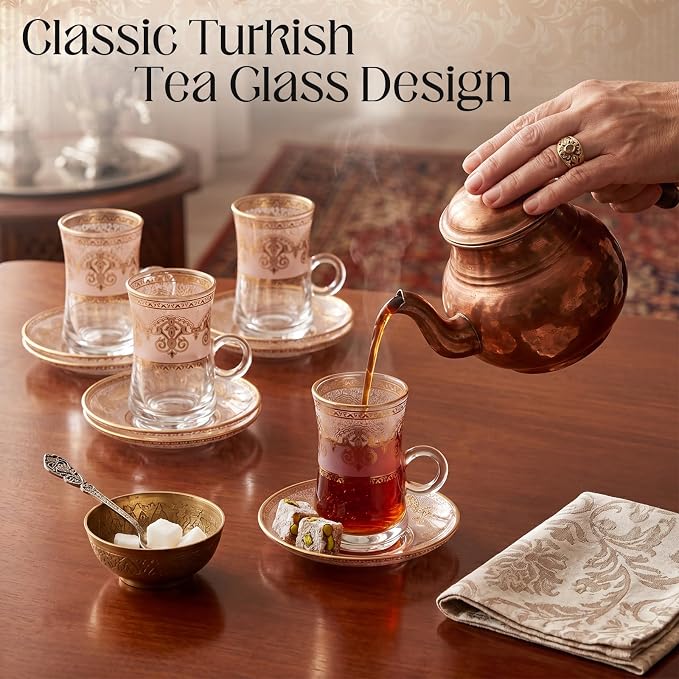 6-Piece Turkish Tea Glasses Cups Saucers Set 4 oz Vintage Gold Pattern Arabic Style Coffee Cups Set Moroccan Persian Coffee Glass Gold Drinkware for Turkish Tea, Espresso Drinking Party