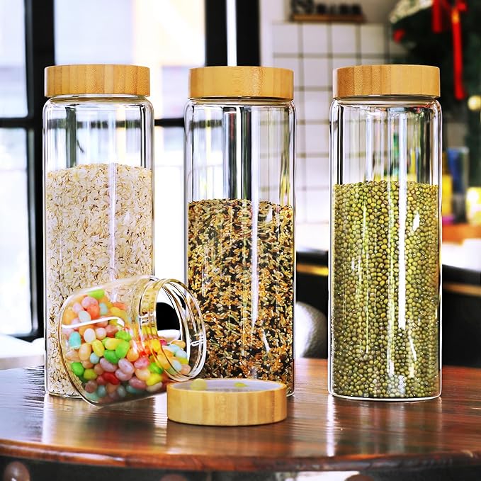 Glass Canisters With Airtight Bamboo Lids - 3 Pack 80oz Cereal Containers, Cookie Jars, Pasta Storage - Screw On Kitchen Jars