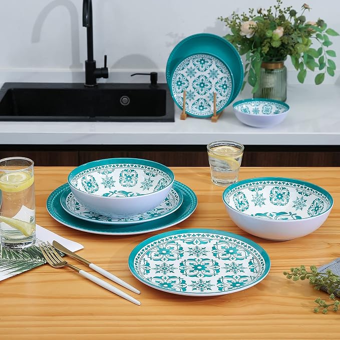 Webbylee Melamine Dinnerware Set，12-Piece Plate and Bowl Sets，Unbreakable Dish Set Service for 4–Dishwasher Safe&Lightweight Dishes,Green Dinnerware for Indoor/Outdoor Use, Gift