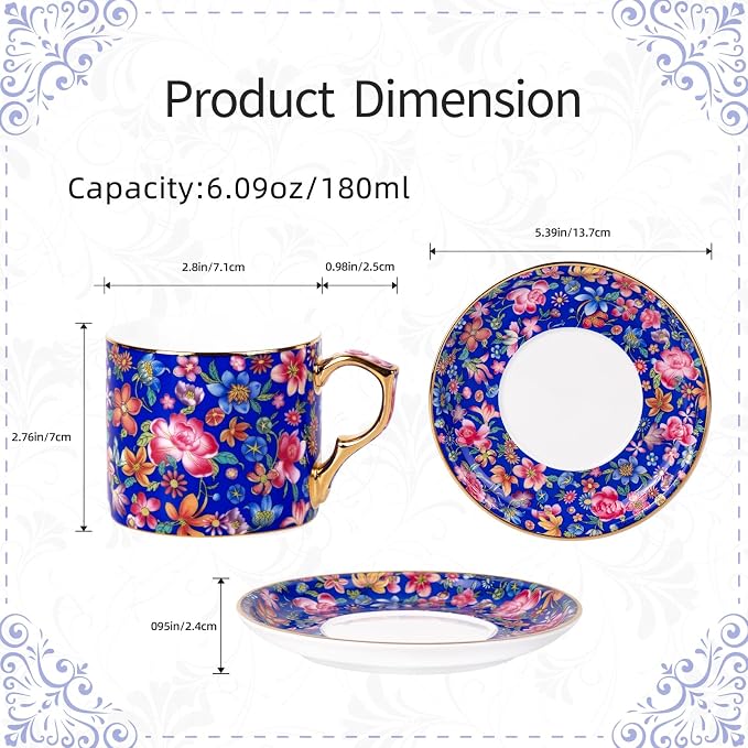 KAMMAK Tea Cups and Saucers Set of 2, Porcelain Coffee Cups, 6oz Stackable Espresso Mugs, Ceramic Demitasse for Coffee, Latte, Americano, Tea (649N+650N)