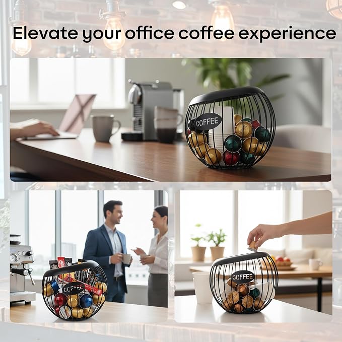 Hemisphere Coffee Pod Holder, Black Cof Station, Iron Capsule Organizer with Angled Opening, Includes 10 Tasting Cups, Kitchen Counter, Office