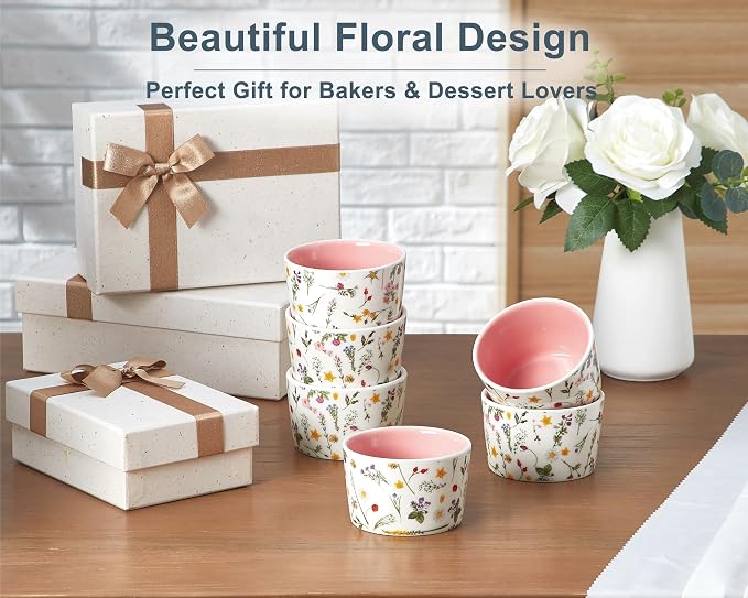ONEMORE 6 oz Ramekins Oven Safe, Floral Ceramic Ramekin Set of 6 Pink Ramekins for Baking & Serving, Creme Brulee Dishes, Custard Pudding Souffle Cups, Small Dessert Bowls for Oven, Air Fryer