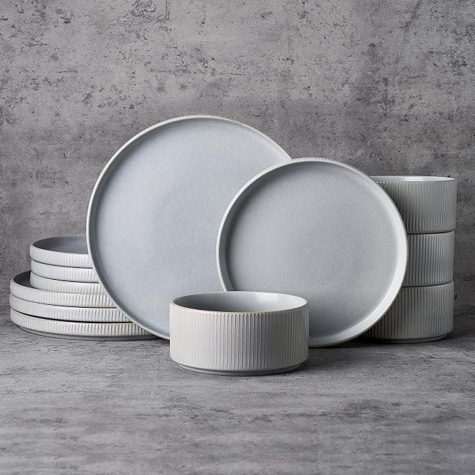 Famiware Star 12-Piece Stoneware Dinnerware Sets, Service for 4 - Handcrafted Reactive Glaze Plates and Bowls, Modern Rustic Dishes, Chip & Scratch Resistant, Microwave & Dishwasher Safe, Matte Gray