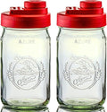 Brewing America Glass Mason Jar Pitcher with Lid - Azure Jars, 1 Quart (32 oz) with Old Glory Red Wide Mouth Pour Lid, for Smoothie, Boba Cup, Sun Tea, Cold Coffee Glass Tumbler, 2-Pack