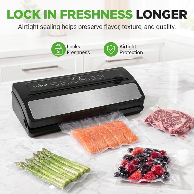 NutriChef Vacuum Sealer for Food - Automatic Electric Air Sealing Preserver System with Gentle and Normal Modes, Roll Cutter, Reusable Bags, Meal Prep Storage, Suitable for Dry/Moist Foods