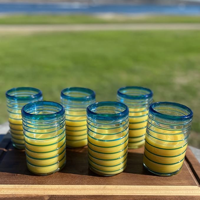 Dos Sueños Hand Blown Mexican Drinking Glasses – Set of 6 Glasses with an Aqua Spiral Design (14 oz each) …