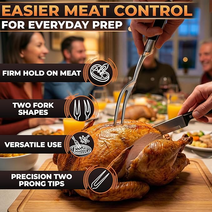 2 Pcs Carving Fork for Meat – 12 Inch Stainless Steel Meat Forks for Kitchen, Heat-Resistant Non-Slip Handles – Two-Prong Straight & Curved BBQ Fork for Slicing, Grilling & Serving