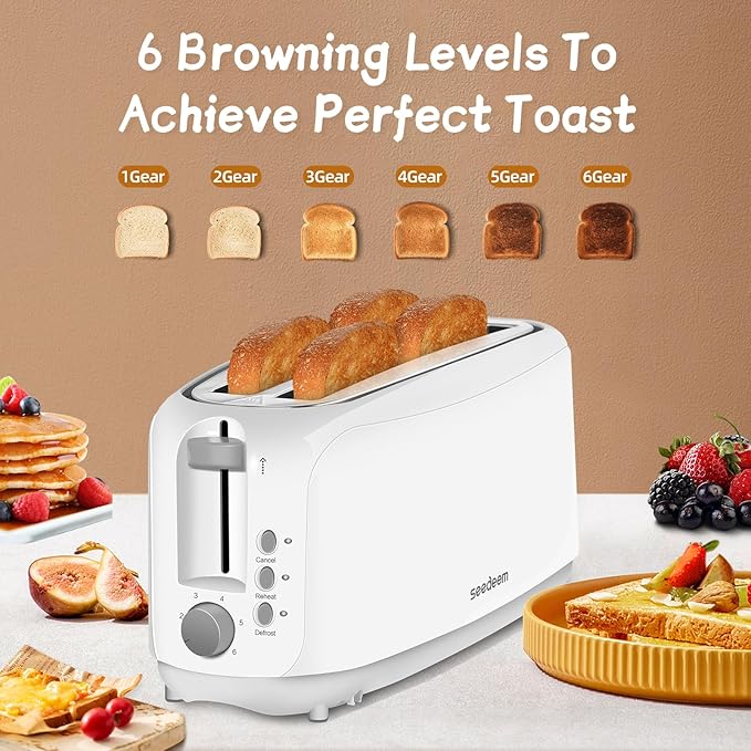SEEDEEM 4 Slice Toaster, Extra Wide Slots Bread Toaster with 6 Shade Settings, Bagel/Cancel/Defrost/Reheat Functions, Removable Crumb Tray, Auto Shut-Off, White