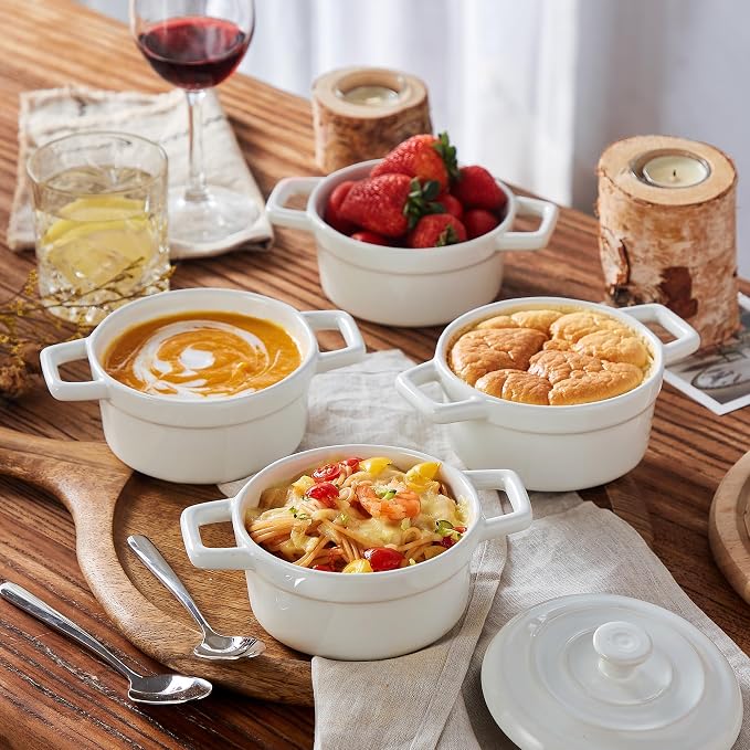 Lareina Mini Cocotte - 12oz Ceramic Casserole Dishes - Kitchen Casserole Sets With Handles And Lid - Small Baking Ramekins - Oven, Microwave & Dishwasher Safe - Set of 4 - White