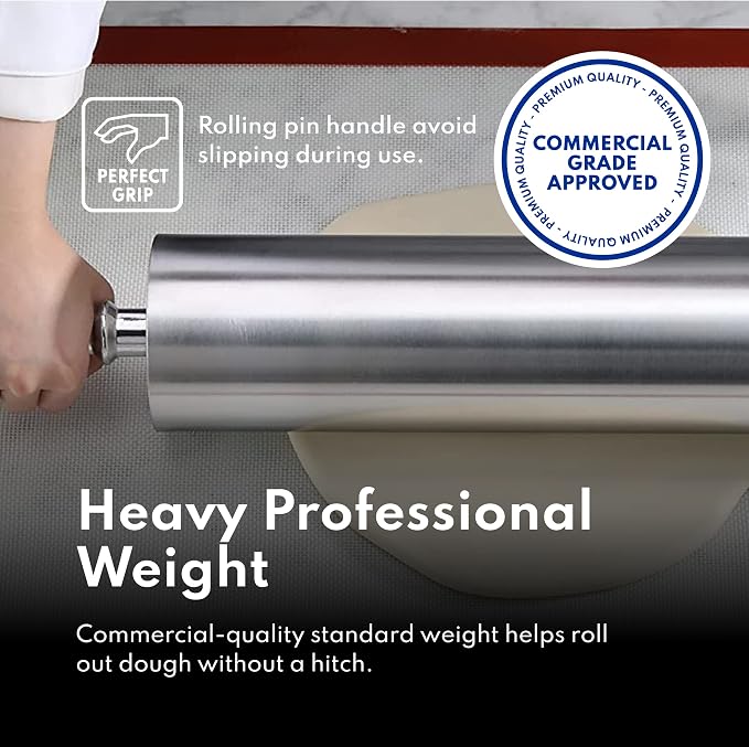 New Star Foodservice 15 Inch Aluminum Rolling Pin, Extra Heavy Duty Commercial Dough Roller with Rotating Barrel and Handles, Silver