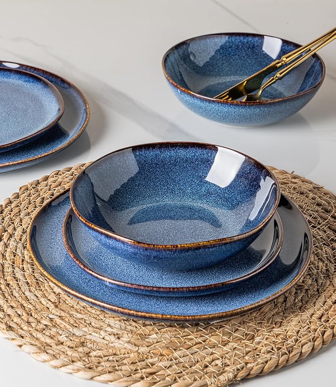 GBHOME Stoneware Dinnerware Sets for 8, 24 Pieces Rustic Earthenware Plates and Bowls Set, Handmade Reactive Glaze Ceramic Plate Sets, Chip Resistant Dishes, Microwave & Dishwasher Safe, Sea Blue