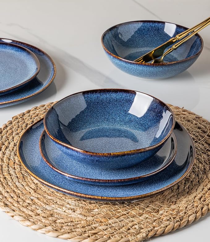 GBHOME Stoneware Dinnerware Sets for 6, 18 Pieces Rustic Earthenware Plates and Bowls Set, Handmade Reactive Glaze Ceramic Plate Sets, Chip Resistant Dishes, Microwave & Dishwasher Safe, Sea Blue