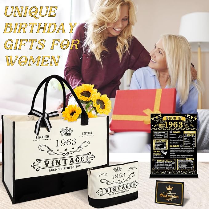 YeohJoy 63rd Birthday Gifts for Women Canvas Tote Bag Travel Gear, Unique 63 Years Old Birthday Gifts for Mom Aunt Friends Wife Sister Her, Vintage 1963 Handbag & Cosmetic Bag & Back in 1963 Poster