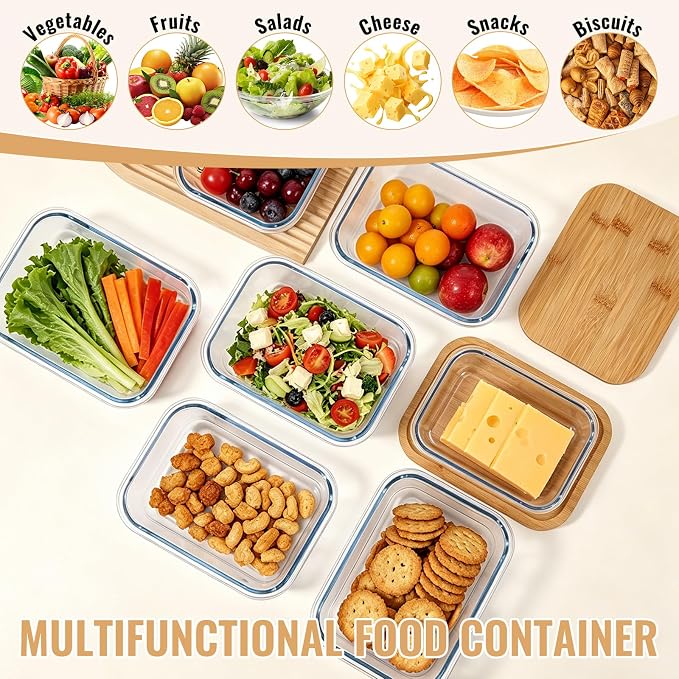 6 Pack Glass Food Storage Containers with Bamboo Lids, Stackable Meal Prep Containers, Clear Airtight Glass Bowls for Microwave, Oven, Freezer & Dishwasher Safe