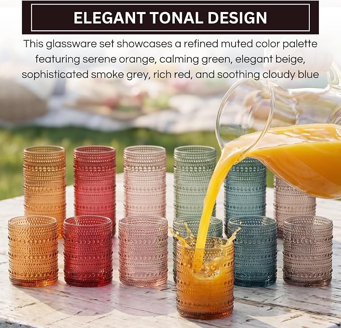 Khen Hobnail Beaded Highball Drinking Tumbler Glasses | Set of 12 | Color, Vintage Bubble Design Whiskey Glassware, Old-Fashioned, Embossed Design for Water, Wine, Cocktail Embossed, Rocks Glass