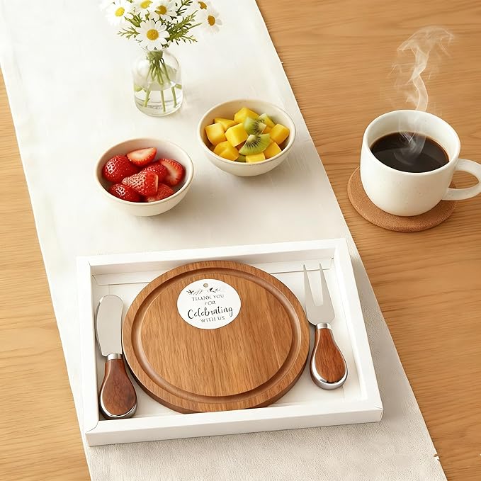 4-Pack Small Personal Charcuterie Cheese Board Set & Serving Tray- 6 Inch Mini Appetizer Plate with Knives & Forks, Acacia Wood Gift package for Wedding, Bridal & Baby Shower Party Gift