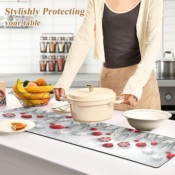 Christmas Trivet Table Runner 40 Inches Long Christmas Snowflakes Balls Pattern Heat Resistant Hot Pad Multi Purpose Mat for for Hot Pots Pans Kitchen Countertops