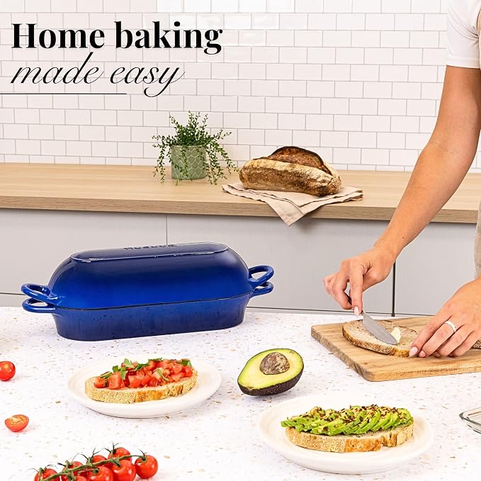 Enamelled Cast Iron Bread Loaf Pot – Dutch Oven For Sourdough Bread Baking – Oven Safe Non Stick Bread Pot – Rectangular, Dark Blue, 34cm x 16cm – by Nuovva