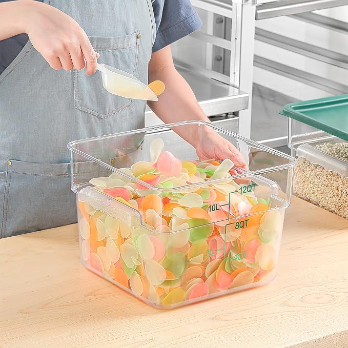 EGGKITPO 8 Pack 12 QT Food Storage Containers with Green Lids Hot Cold Resistant Stackable Square Commercial Container Set with Handle Scarle Commercial Kitchen service Business BPA-Free Polycarbonate