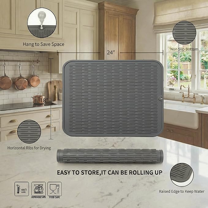 MicoYang Silicone Dish Drying Mat for Multiple Usage,Easy clean,Eco-friendly,Heat-resistant Silicone Mat for Kitchen Counter or Sink,Refrigerator or Drawer Liner Grey 2XL 24 inches x 18 inches