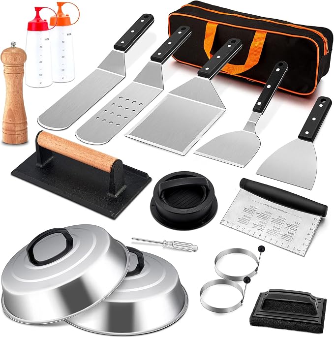 Joyfair Griddle Accessories Kit for Blackstone - 18Pcs, (ABS Handle) | Flattop Grill Accessory Tools Set with Stainless Steel Spatula Turner, Basting Cover, Smash Burger Press for BBQ Cooking