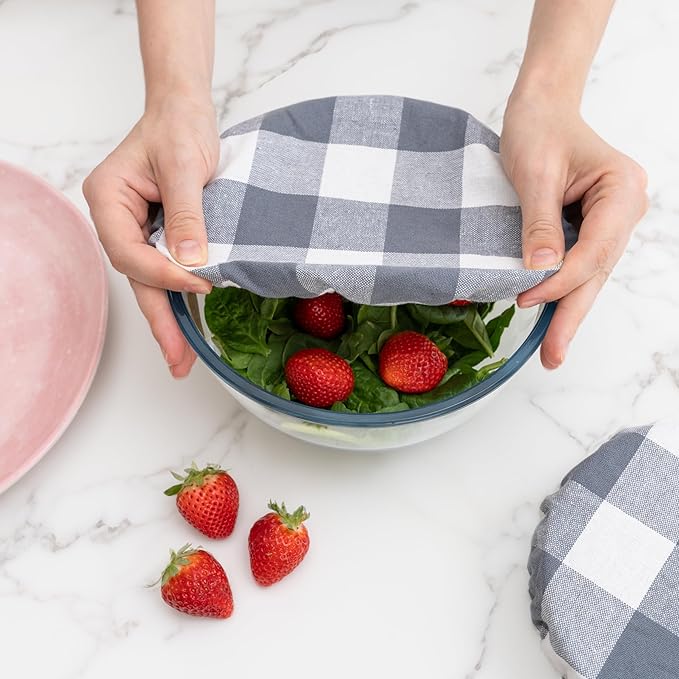 Reusable Cloth Bowl Covers - 100% Cotton Fabric Bowl Covers Set to Cover Fruits, Vegetables and Regulate Moisture - Elastic Closure for Salads, Bread & Leftovers (Gray Plaid, 2XL, 2L, 2M, 2S)