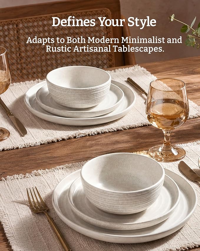 Famiware Pluto Stoneware Dinnerware Sets, 12-Piece Double Reactive Glaze Plates and Bowls Sets, Dishware Sets for Everyday & Formal Dining, Irregular Edge Dishes, Service for 4, Matte Beige White