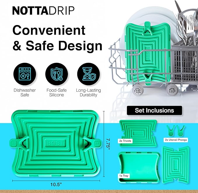 Nottadrip Silicone Spoon Rest for Stove Top - Kitchen Spoon Rest for Countertop, Ladle Holder, All in 1 Serving Station, Elevate Handles, Drip to Tray, Mess Free - 5PC Trivet Set - Mint